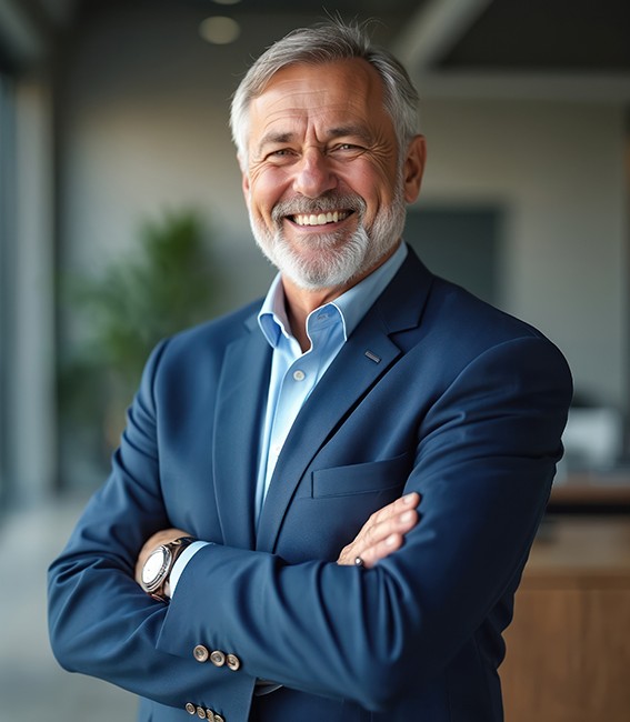 Smiling middle aged businessman CEO stands in modern office with arms crossed. Confident executive manager, proud lawyer, businessman leader wears blue suit. Business success.